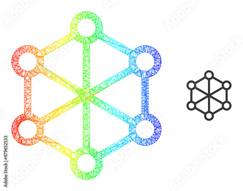 Mesh net nodes model icon with rainbow gradient. Bright carcass net nodes icon. Flat carcass created from net nodes pictogram and intersected lines.