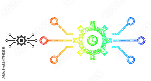 Net mesh electronic machinery model icon with spectral gradient. Bright carcass mesh electronic machinery icon. Flat frame created from electronic machinery pictogram and crossing lines.