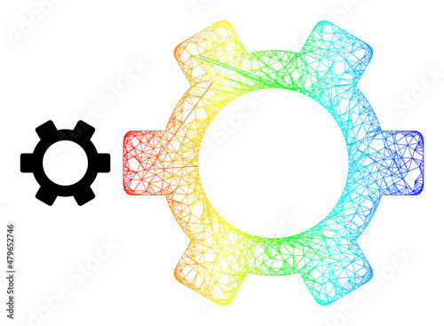 Crossing mesh gear carcass icon with spectral gradient. Vibrant frame mesh gear icon. Flat structure created from gear icon and crossed lines.