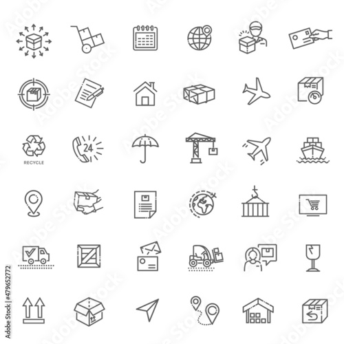 Collections of icons representing shipping, logistics, customer service, refunds and more