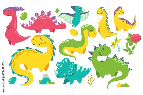 Fototapeta Naklejka Na Ścianę i Meble -  Vector set of different dinosaurs. Cute childish illustration. Collection of monsters. Prints for baby clothes