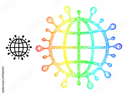 Net mesh global coronavirus frame icon with spectrum gradient. Colorful frame mesh global coronavirus icon. Flat mesh created from global coronavirus icon and crossed lines.