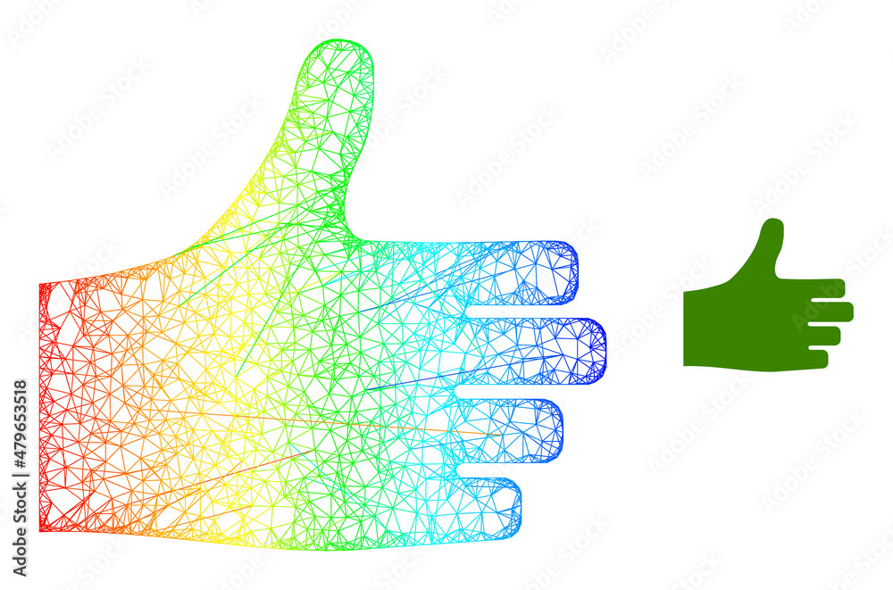 Crossing mesh thumb up frame icon with spectrum gradient. Colored frame mesh thumb up icon. Flat model created from thumb up icon and crossed lines. Crossing mesh thumb up frame icon with spectrum gradient. Colored frame mesh thumb up icon. Flat model created from thumb up icon and crossed lines.