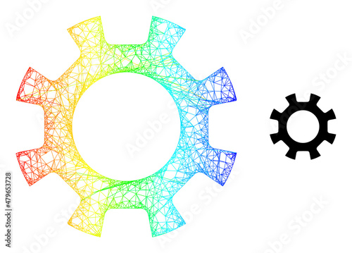 Crossing mesh gearwheel carcass illustration with rainbow gradient. Colorful carcass network gearwheel icon. Flat model created from gearwheel icon and crossing lines.