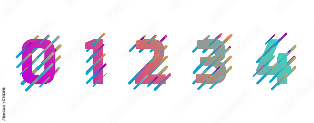 set of multicolored numbers and Lines, 3d rendering on White background, creative alphabet, zero, one, two, three, four