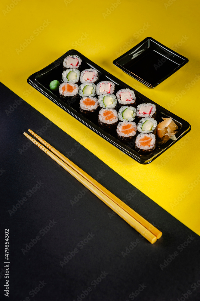 Hossomaki varieties on delivery tray. Hossomaki varieties on delivery tray.