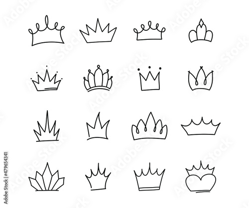 Cute doodle set of princess crown elements. Hand drawn vector illustration. Birthday  New Year s wedding elements for greeting cards  posters  stickers decoration decor. Isolated on white background  