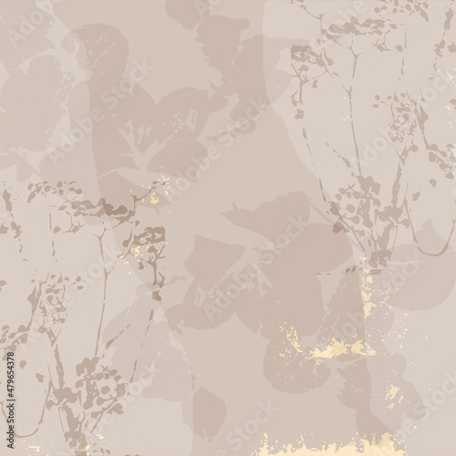 Floral chic background with delicate flowers and botanical elements and touch of gold foil