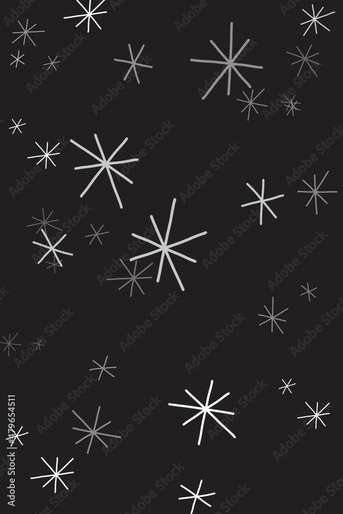 White doodle snowflakes on black background, vertical background for winter designs