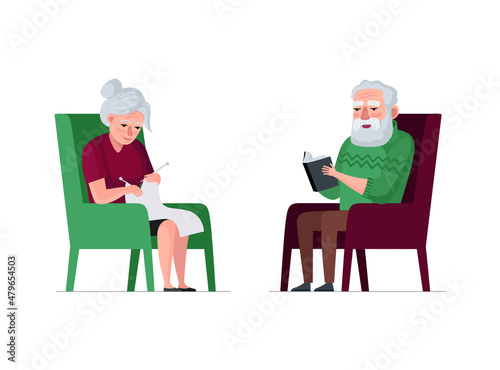 Fototapeta Naklejka Na Ścianę i Meble -  Elderly couple retired leisure time together. Senior aged pensioners sit in armchair. Grandfather read book, grandmother knit. Old people in nursing home. Gray hair man and woman. Vector illustration