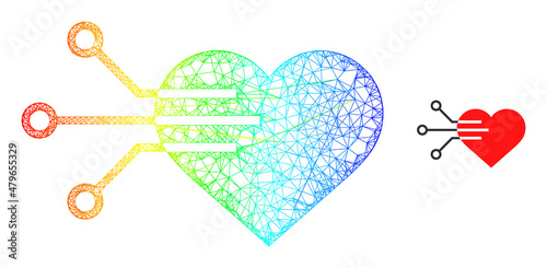 Mesh net electric heart carcass illustration with spectrum gradient. Bright carcass mesh electric heart icon. Flat carcass created from electric heart icon and intersected lines.