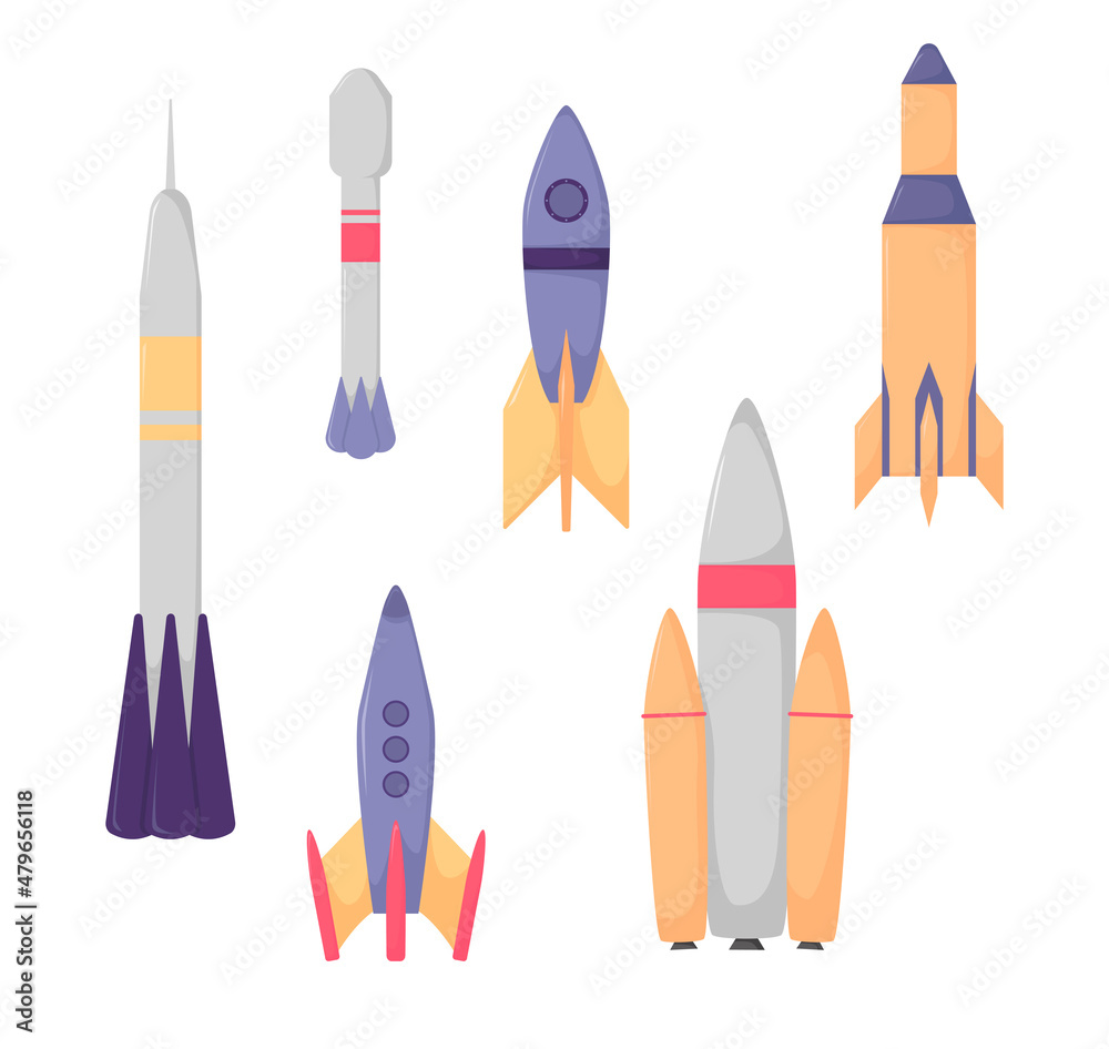 Rocket set vector and technology ship rocket cartoon design isolated on white. Rocket vehicle stickers Rocket set vector and technology ship rocket cartoon design isolated on white. Rocket vehicle stickers