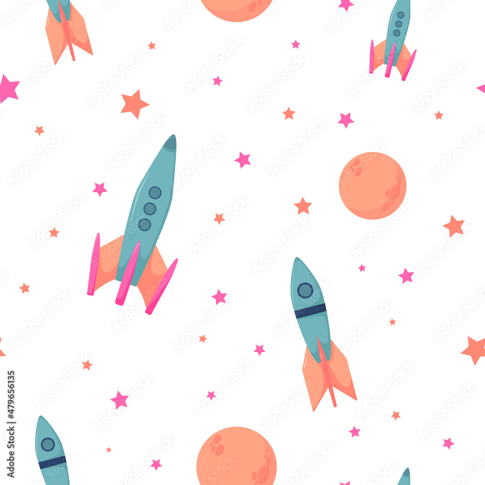 Fototapeta premium Rockets seamless pattern. Background with rockets, moon and stars on white. Print illustration for children, nursery, wrapping paper, apparel. Space pattern.