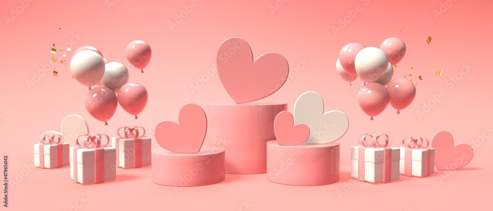 Hearts with gift boxes - Appreciation and love theme - 3D render - obrazy, fototapety, plakaty 