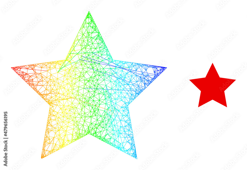 Obraz premium Mesh net red star frame icon with spectral gradient. Colored carcass net red star icon. Flat carcass created from red star icon and intersected lines.