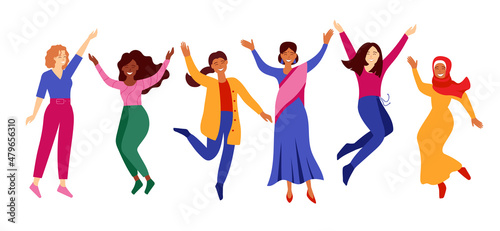 Women jumping. Multicultural girls with different skin color. Group of diversity women celebrating International Women s Day. Diverse multinational women. Vector illustration isolated on white