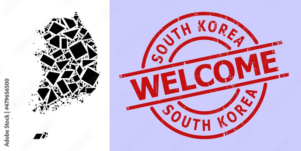 Simple geometric mosaic map of South Korea with corroded stamp seal. Red stamp includes Welcome text inside circle and lines shape. Simple geometric mosaic map of South Korea with corroded stamp seal. Red stamp includes Welcome text inside circle and lines shape.