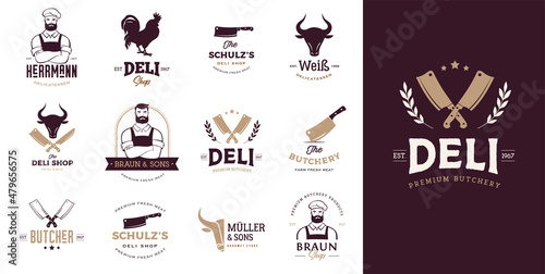 Butcher shop, gourmet, deli store logo design. Hipster butcher, knifes and cow symbols photo