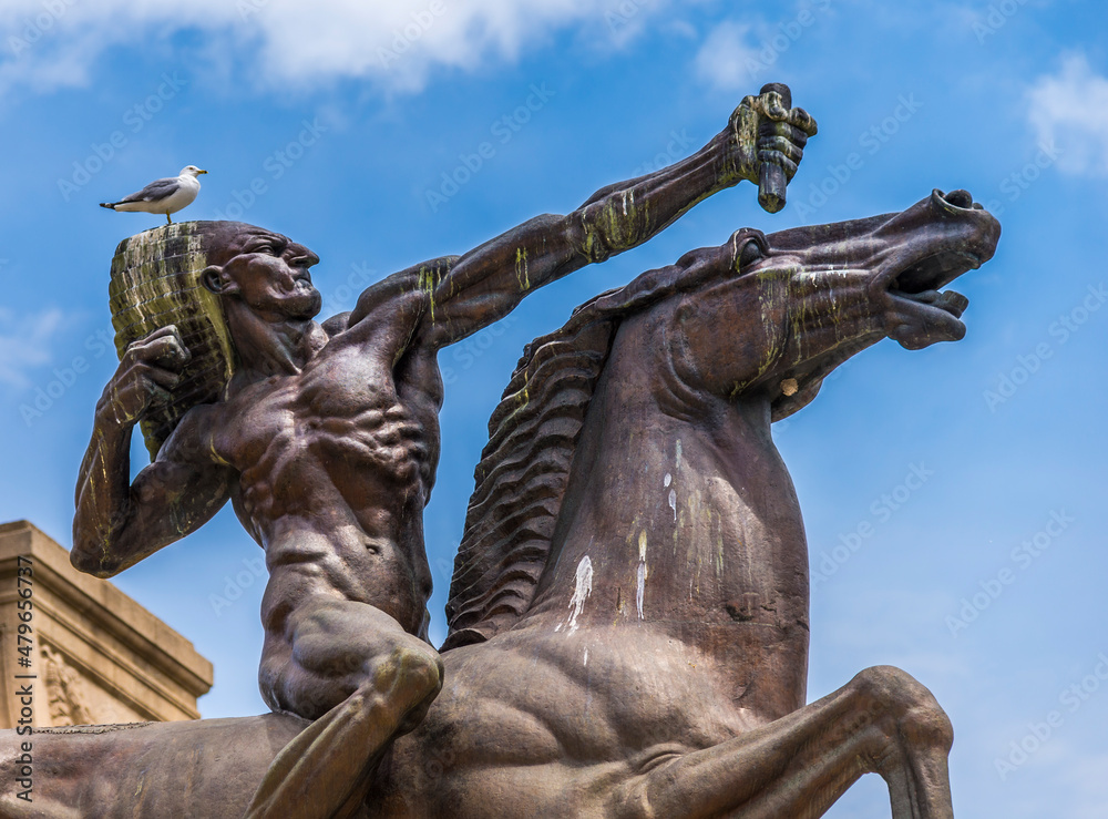 A seagull sits on top of the head of a native American Indian on horse statue.