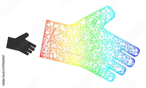 Net hand framework icon with spectral gradient. Colored carcass net hand icon. Flat framework created from hand symbol and crossed lines.