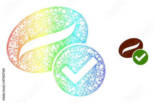Crossing mesh valid coffee framework illustration with rainbow gradient. Bright carcass mesh valid coffee icon. Flat carcass created from valid coffee icon and crossing lines.