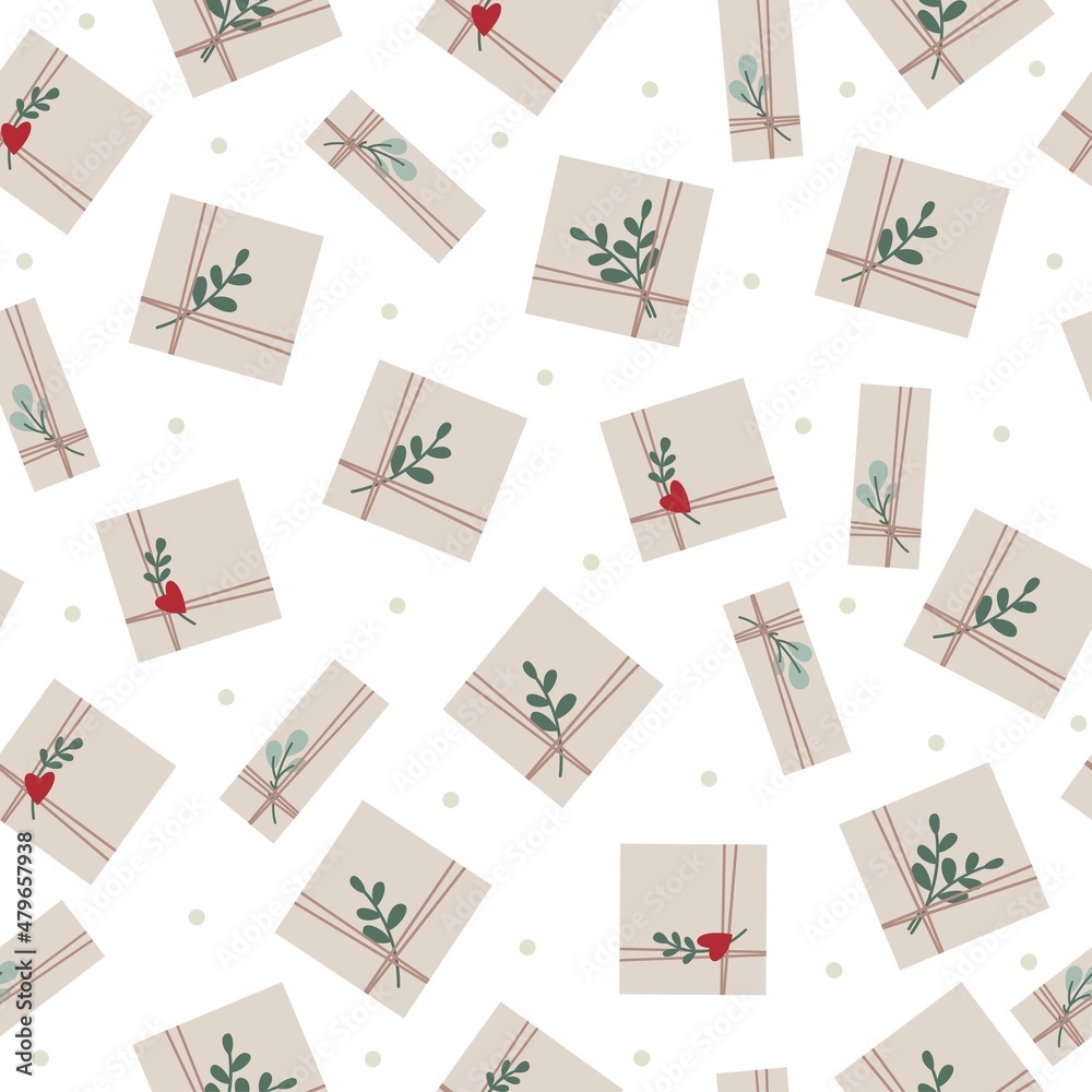 Seamless vector pattern. Gifts tied with ropes and plants, kraft paper. Valentine's day pattern Seamless vector pattern. Gifts tied with ropes and plants, kraft paper. Valentine's day pattern