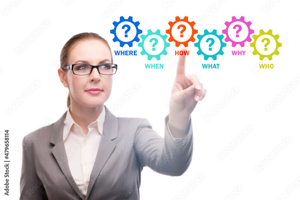 Concept of many different questions asked with businesswoman Concept of many different questions asked with businesswoman