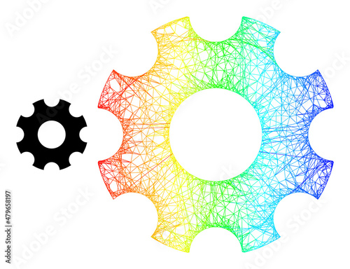 Crossing mesh gearwheel carcass icon with rainbow gradient. Colored frame mesh gearwheel icon. Flat mesh created from gearwheel icon and intersected lines.