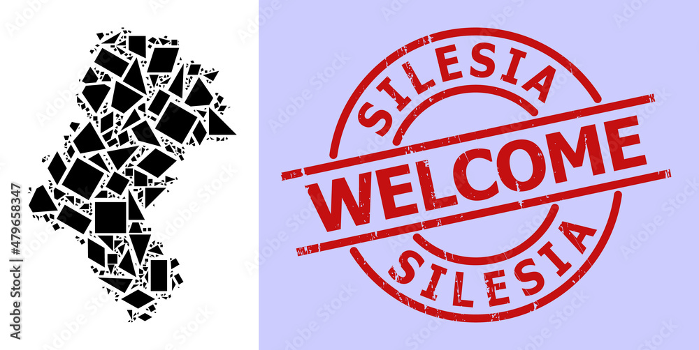 Simple geometric mosaic map of Silesia Province with dirty stamp seal. Red seal includes Welcome title inside round and lines shape. Simple geometric mosaic map of Silesia Province with dirty stamp seal. Red seal includes Welcome title inside round and lines shape.