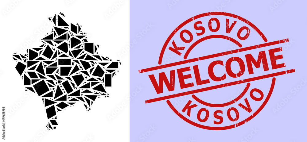 Simple geometric mosaic map of Kosovo with textured stamp imitation. Red stamp has Welcome title inside round and lines form. Vector mosaic map of Kosovo collage designed with chaotic triangles, Simple geometric mosaic map of Kosovo with textured stamp imitation. Red stamp has Welcome title inside round and lines form. Vector mosaic map of Kosovo collage designed with chaotic triangles,