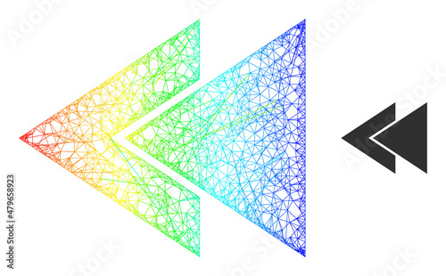 Mesh net fast back rewind framework icon with spectral gradient. Colorful carcass net fast back rewind icon. Flat model created from fast back rewind icon and crossing lines.
