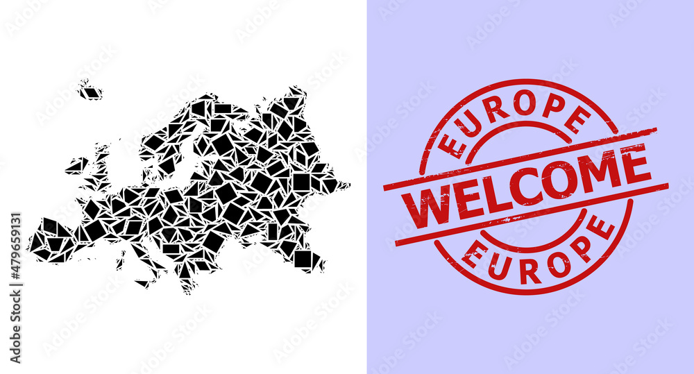 Simple geometric mosaic map of Europe with corroded seal. Red stamp seal has Welcome text inside round and lines template. Vector mosaic map of Europe collage is constructed from scattered triangles, Simple geometric mosaic map of Europe with corroded seal. Red stamp seal has Welcome text inside round and lines template. Vector mosaic map of Europe collage is constructed from scattered triangles,