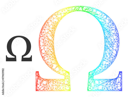 Mesh net Omega Greek letter frame icon with spectrum gradient. Colored frame net Omega Greek letter icon. Flat mesh created from Omega Greek letter symbol and intersected lines.