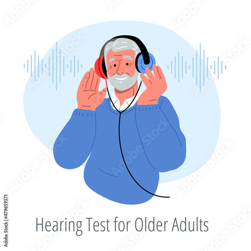 Smiling senior wearing headphones,making hearing test for old people.Vector flat