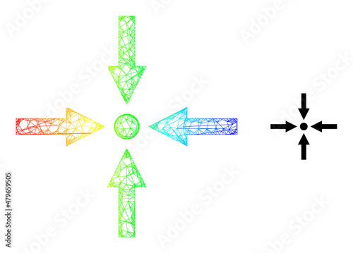 Crossing mesh meeting point framework icon with rainbow gradient. Vibrant carcass net meeting point icon. Flat mesh created from meeting point icon and crossing lines.