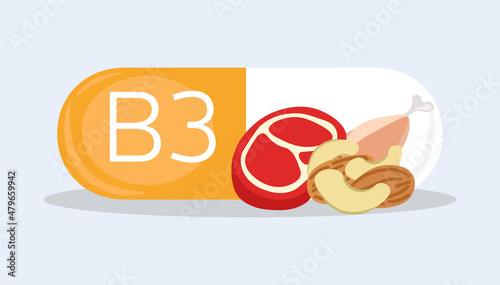 Sources of vitamins concept. Capsule with water soluble vitamin B3, beef, almond and meat. Healthy food. Infographics for printing, websites and presentations. Cartoon flat vector illustration
