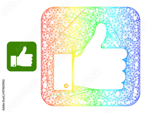 Net mesh thumb positive carcass icon with spectral gradient. Vibrant carcass mesh thumb positive icon. Flat framework created from thumb positive symbol and crossing lines.