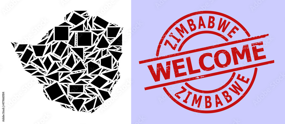 Simple geometric mosaic map of Zimbabwe with dirty seal. Red stamp seal contains Welcome title inside circle and lines shape. Vector mosaic map of Zimbabwe collage filled with random triangles, Simple geometric mosaic map of Zimbabwe with dirty seal. Red stamp seal contains Welcome title inside circle and lines shape. Vector mosaic map of Zimbabwe collage filled with random triangles,