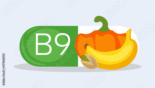Sources of vitamins concept. Capsule with water soluble vitamin B9, banana, pistachio and pumpkin. Healthy food. Infographics for printing, websites and presentations. Cartoon flat vector illustration