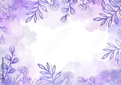 Watercolor violet provence background. Frame with white Backdrop. Floral elements. White leaves. Multicolorcolor Backdrop. Blot and Splash