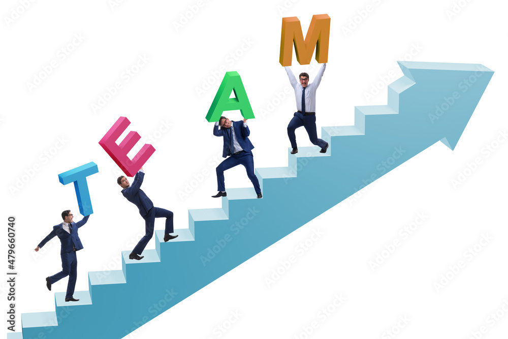 Teamwork concept with people carrying team letters Teamwork concept with people carrying team letters