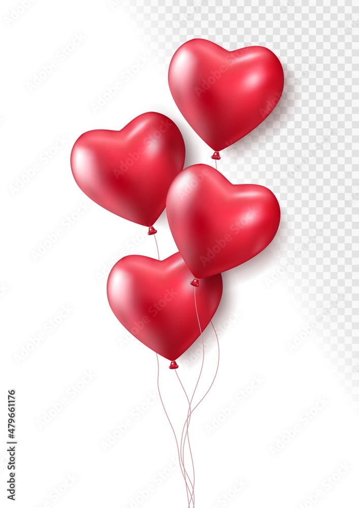 Realistic red 3d heart balloons isolated on transparent background. Air balloons for Birthday parties, celebrate anniversary, weddings festive season decorations. Helium vector balloon.