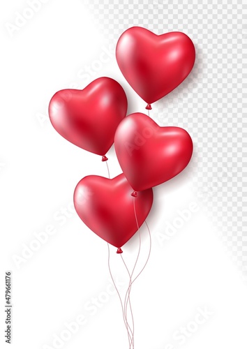 Realistic red 3d heart balloons isolated on transparent background. Air balloons for Birthday parties, celebrate anniversary, weddings festive season decorations. Helium vector balloon.