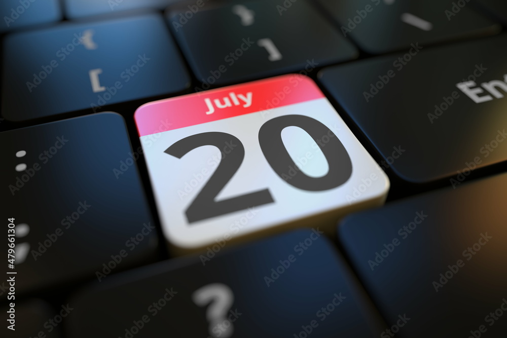 July 20 date on a keyboard key, 3d rendering July 20 date on a keyboard key, 3d rendering