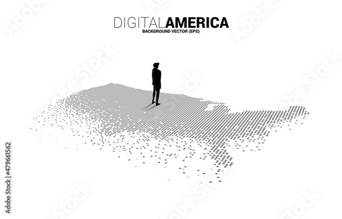 Vector Businessman standing on United States map from pixel square. Concept for America digital network connection.