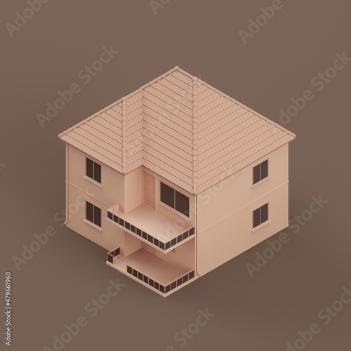 Isometric monochrome single house, miniature real estate property, a house flat and solid brown color, 3d Rendering