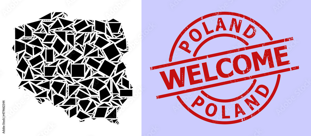 Simple geometric mosaic map of Poland with scratched watermark. Red stamp includes Welcome title inside round and lines shape. Vector mosaic map of Poland collage is filled with scattered triangles,