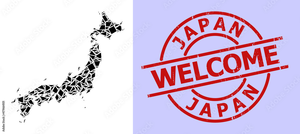 Simple geometric mosaic map of Japan with textured stamp imitation. Red stamp seal contains Welcome text inside circle and lines shape. Simple geometric mosaic map of Japan with textured stamp imitation. Red stamp seal contains Welcome text inside circle and lines shape.