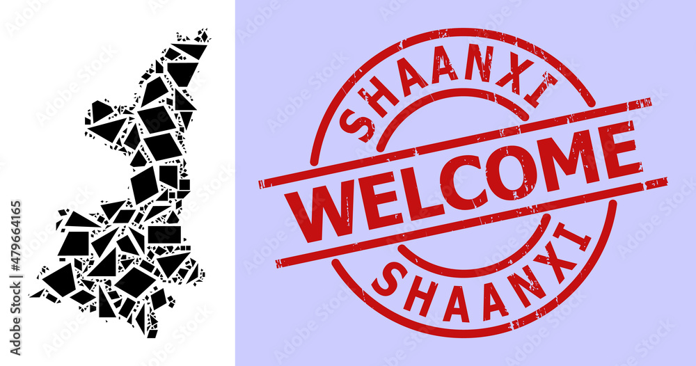 Simple geometric mosaic map of Shaanxi Province with grunge stamp seal. Red stamp seal includes Welcome text inside round and lines template. Simple geometric mosaic map of Shaanxi Province with grunge stamp seal. Red stamp seal includes Welcome text inside round and lines template.