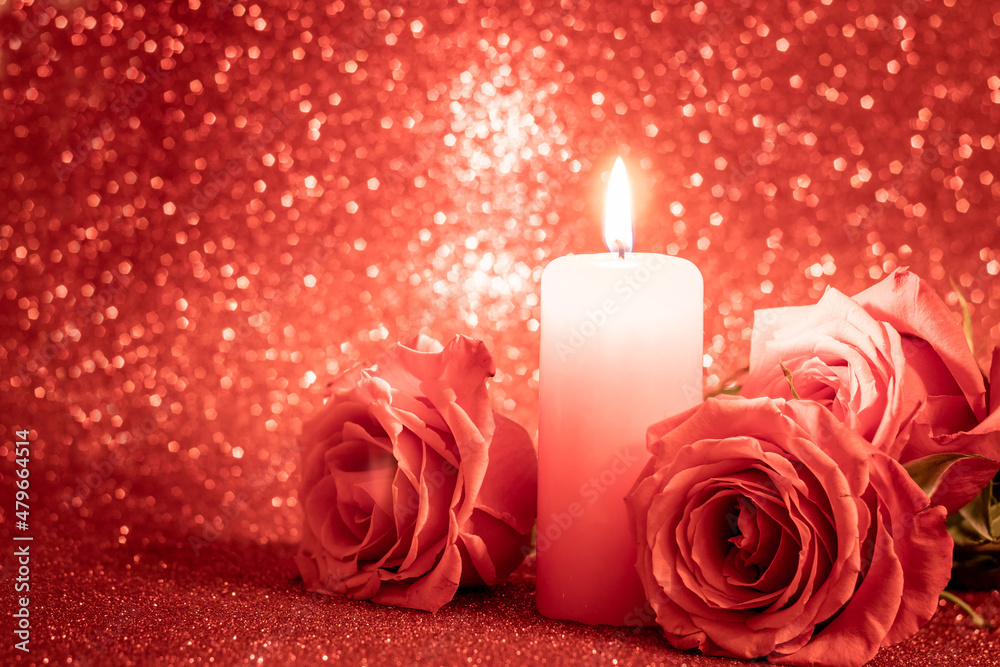 Valentine's day romantic card. Bouquet of roses and a candle on pink background. Valentine's day romantic card. Bouquet of roses and a candle on pink background.